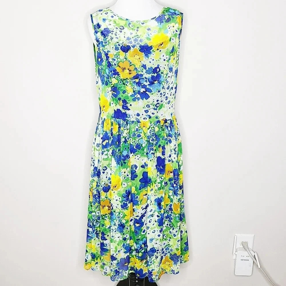 Isaac Mizrahi Watercolor Green Blue Floral Dress M